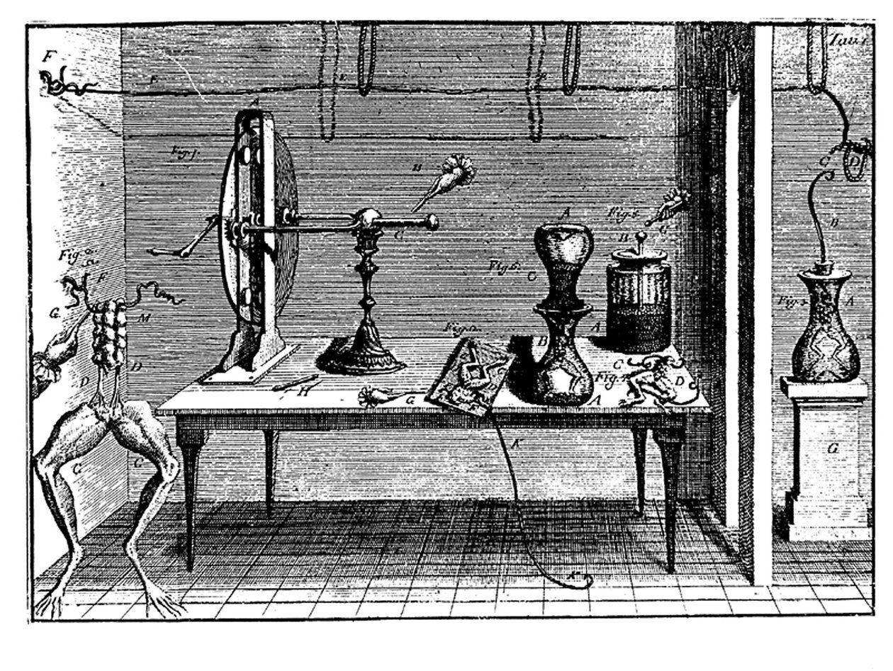 Luigi Galvanis eksperimenterer med elektricitet, 1791 af Unbekannt