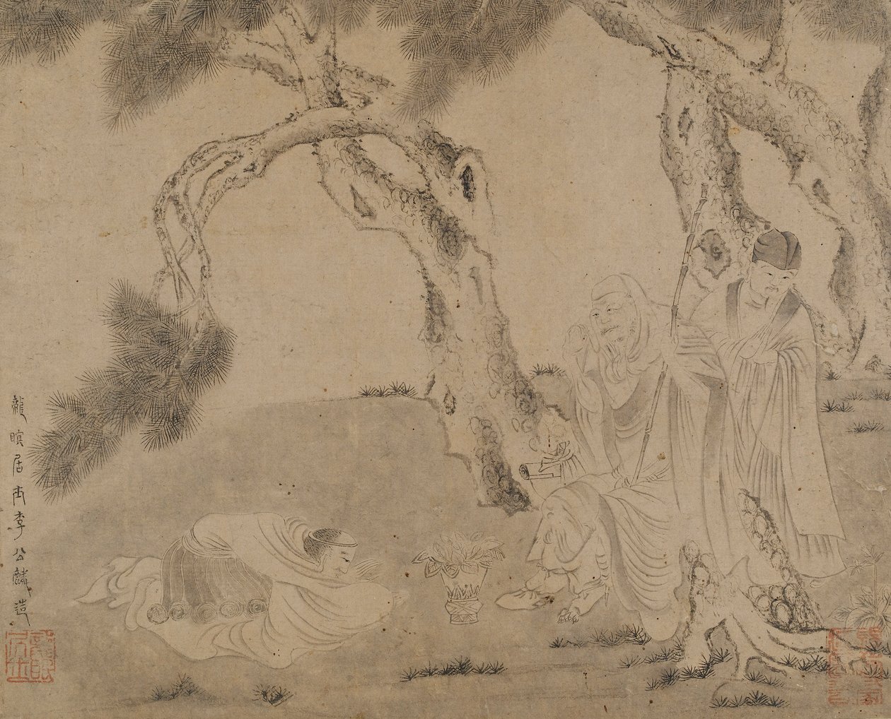 Luohan, tjener og tilbeder under fyrretræer, Yuan- eller Ming-dynastiet, 1279-1644. af Unbekannt