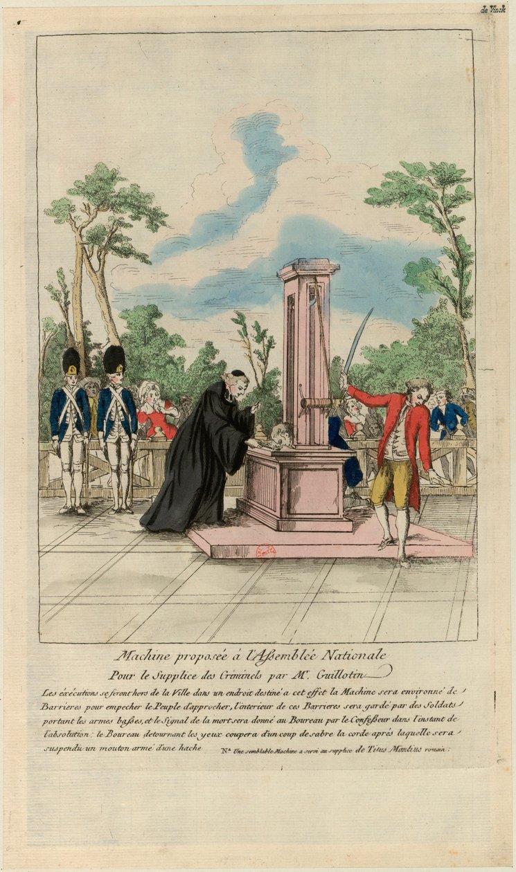 Maskine foreslået til Nationalforsamlingen for tortur af kriminelle af Mr. Guillotin, ca. 1790. af Unbekannt