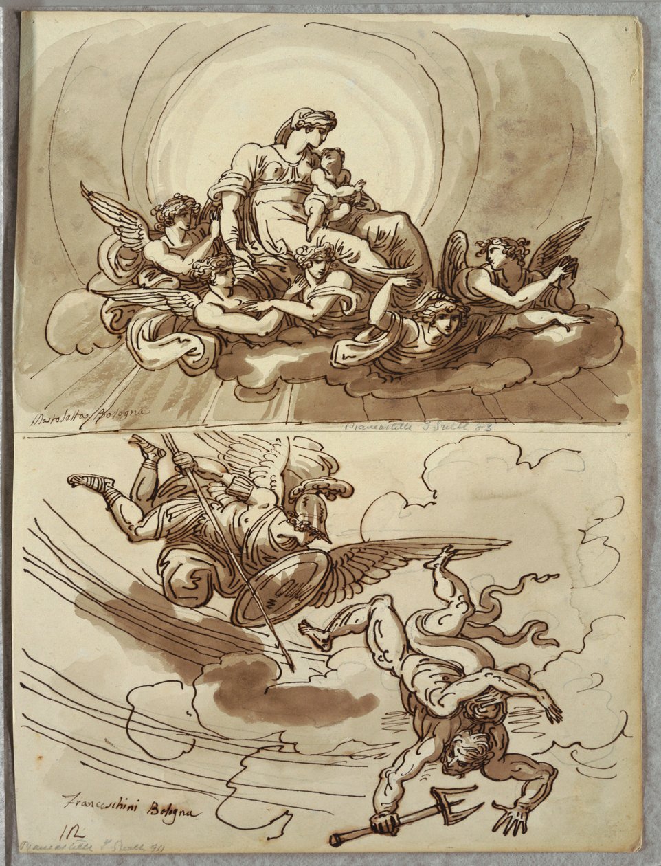 Madonna og barn i herlighed, studie efter Mastelletta; Angel Gabriel Kører Lucifer fra himlen, undersøgelse efter Marcantonio Franceschini af Unbekannt