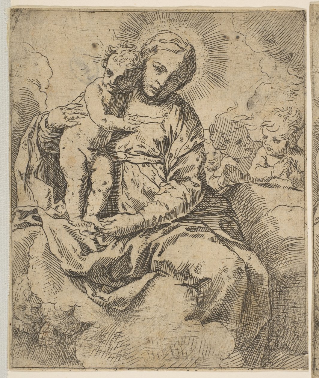 Madonna og Child siddende på skyer og omgivet af engle, kopi i omvendt a..., ca.1639 eller senere. af Unbekannt