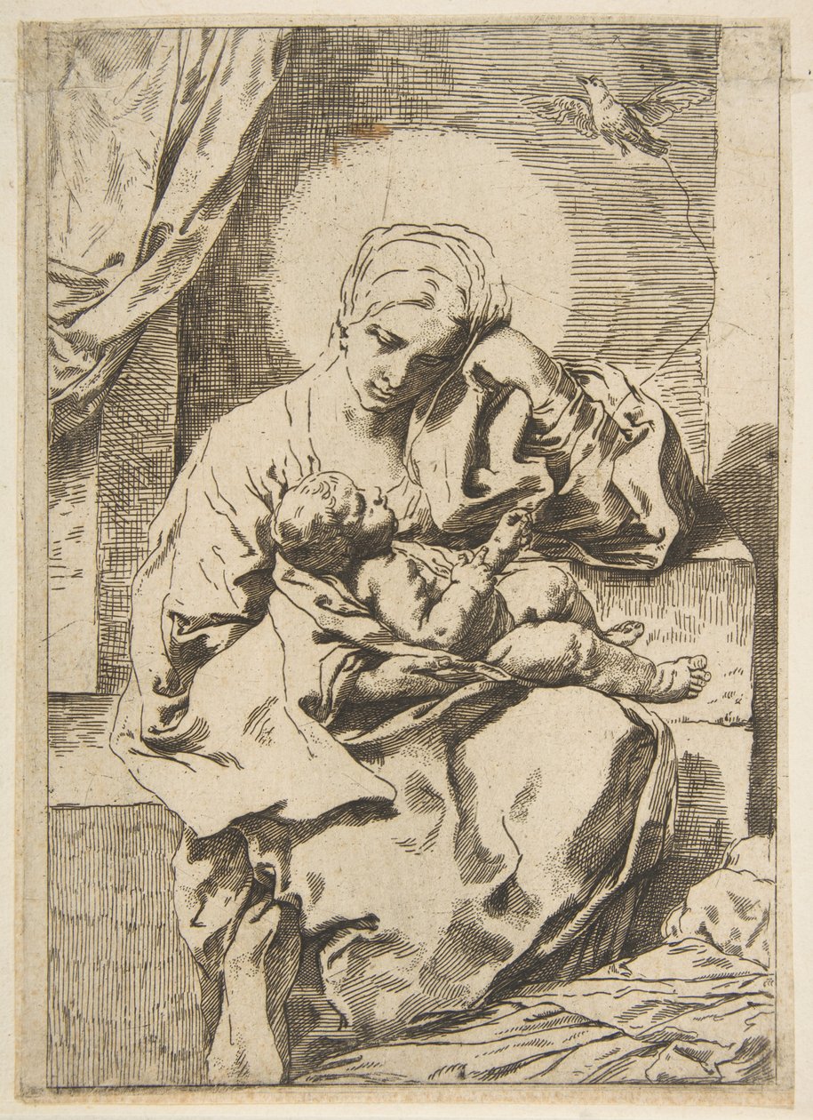 Madonna og barn med en fugl, kopi omvendt efter Cantarini, ca. 1635-1636 eller senere. af Unbekannt
