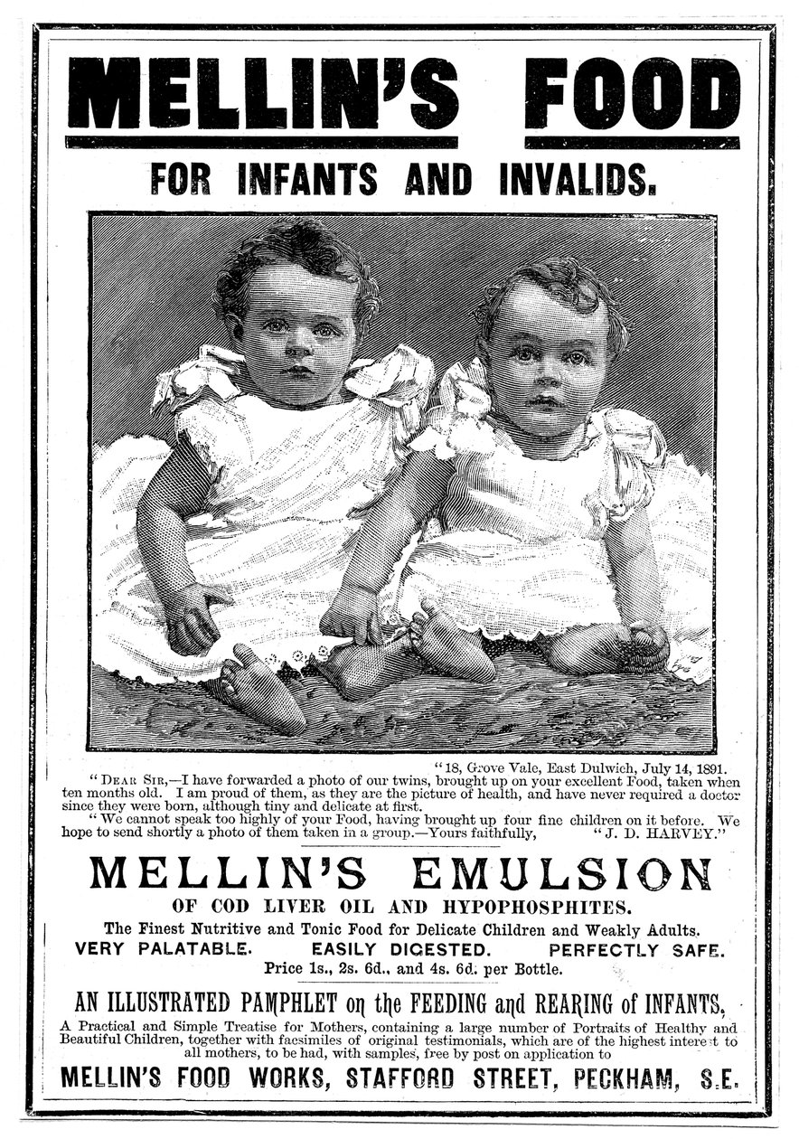 Magasinannonce for Mellins Emulsion, et kosttilskud baseret på levertran, c1890 af Unbekannt
