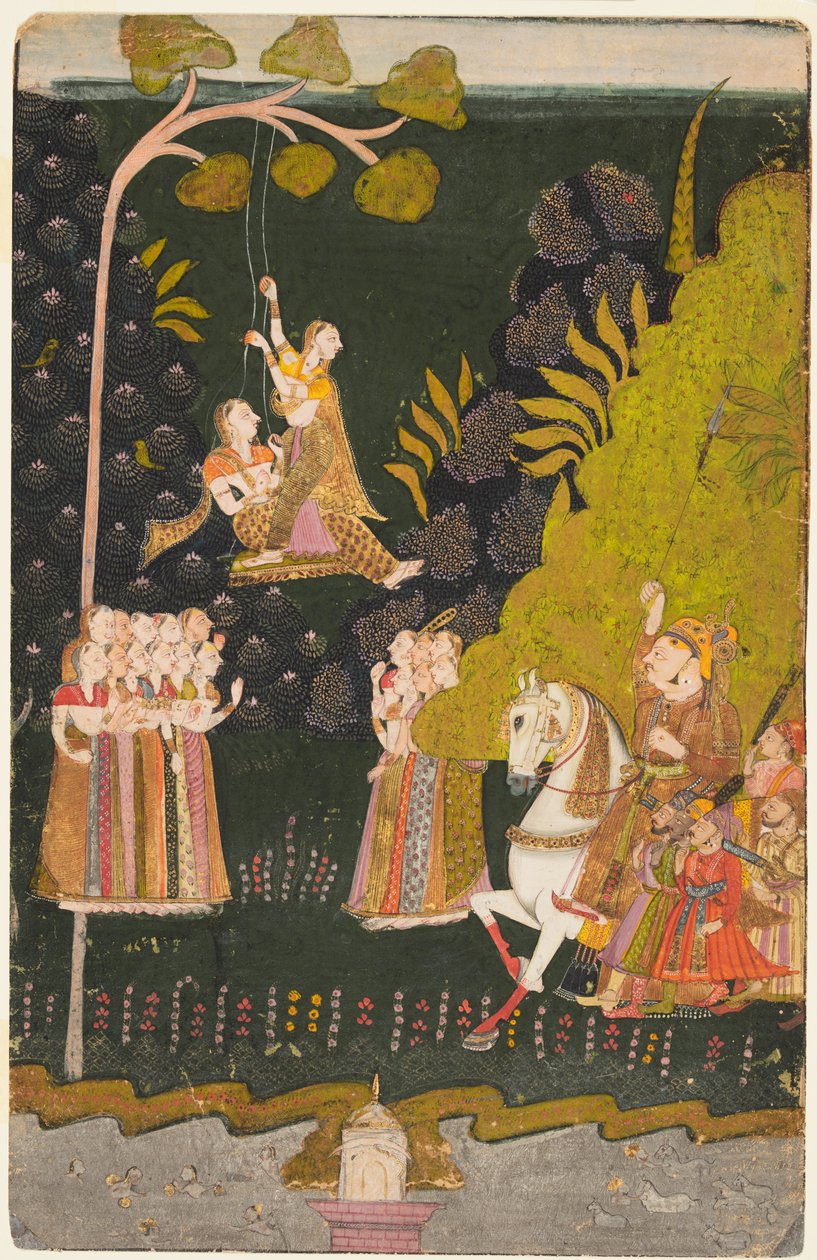 Maharaja Abhai Singh, ridesport, ser piger, der svinger på Teej-festivalen, ca. 1740. af Unbekannt