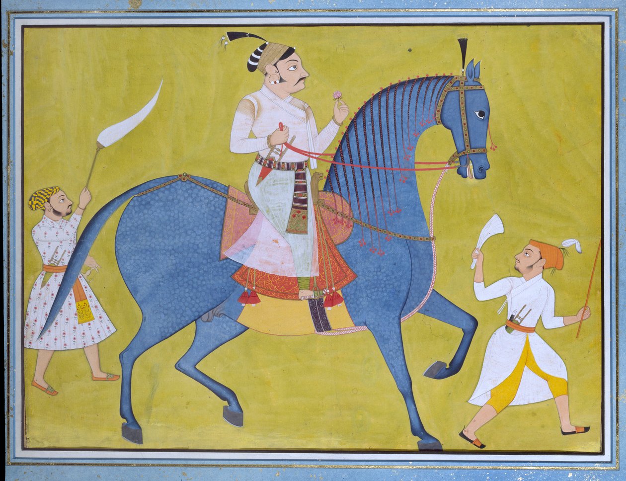 Maharaja Pratap Singh fra Sawar rider, med to ledsagere til fods, c1700 af Unbekannt