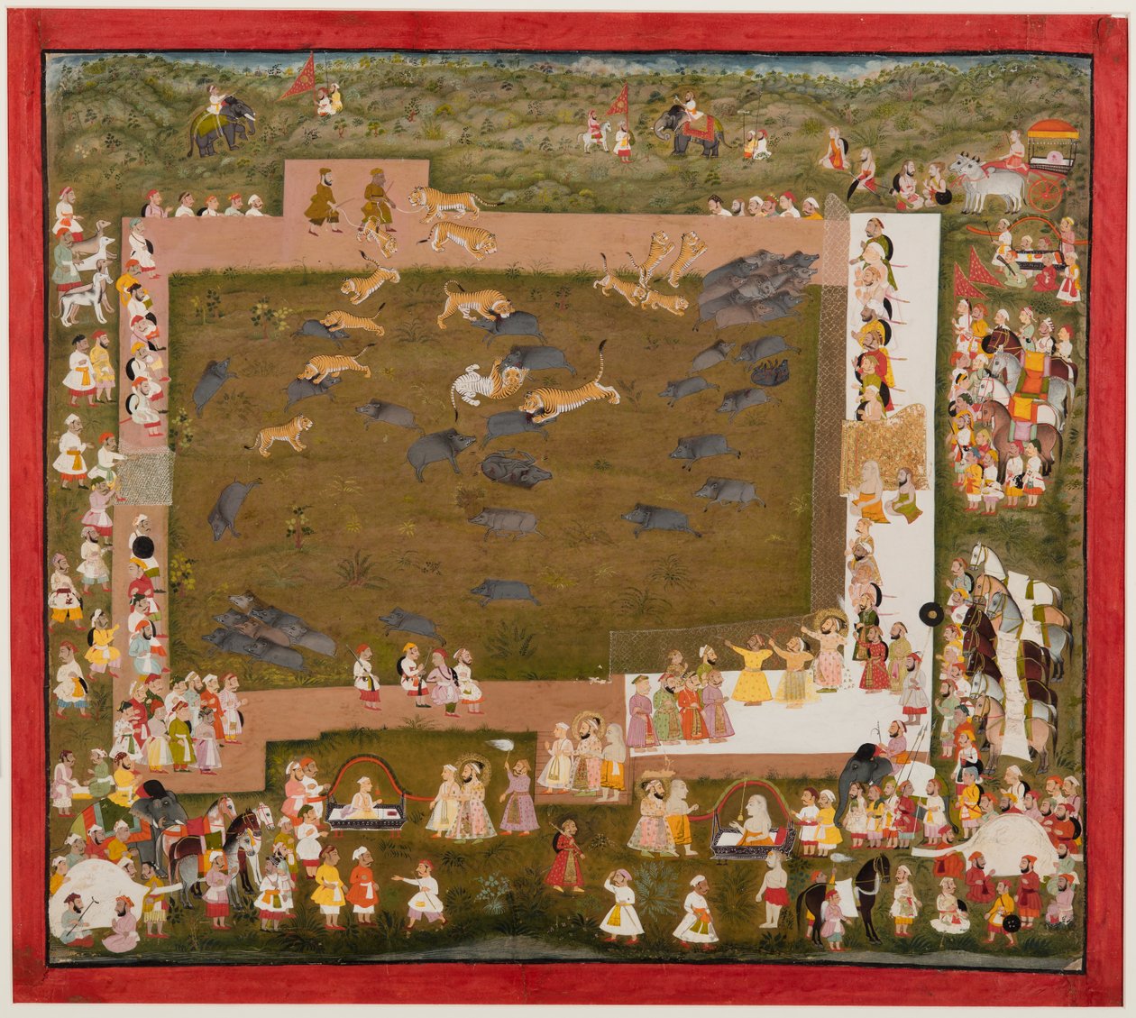 Maharaja Sangram Singh og hans hof observerer et slagsmål mellem tigre og orner ved Sadri, ca. 1720. af Unbekannt