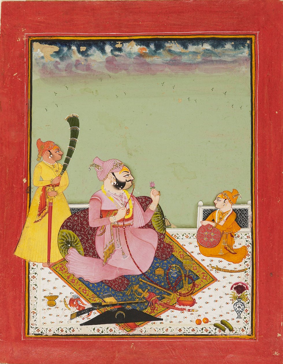 Maharao Ajit Singh på en terrasse med søn og ledsager, c1770 af Unbekannt