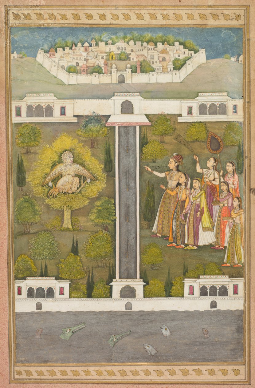 Mahliqa, datter af kejseren af Kina, der peger på fuglemanden Khwaja Mubarak...verso, ca. 171 af Unbekannt