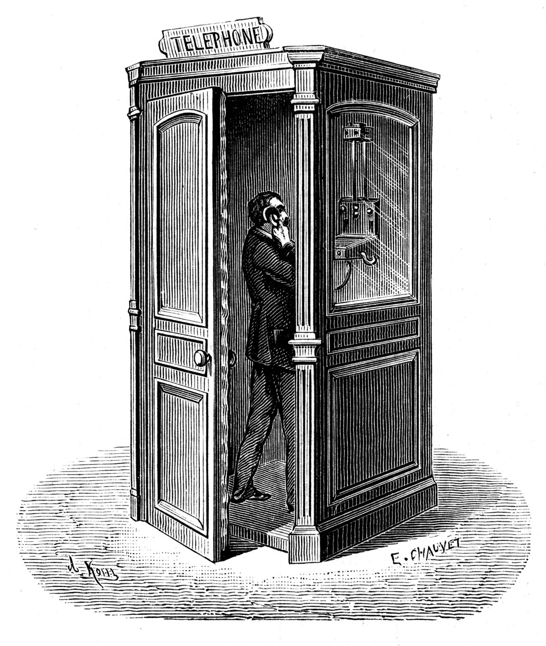 Foretage et opkald fra en telefonboks, 1888 af Unbekannt