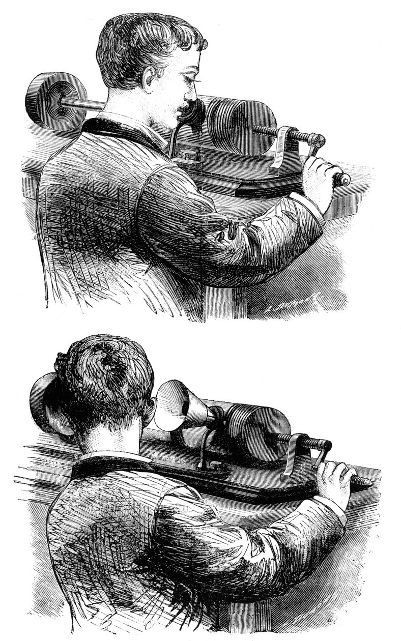 At lave en optagelse med og lytte til den første Edison Phonograph, 1878 af Unbekannt