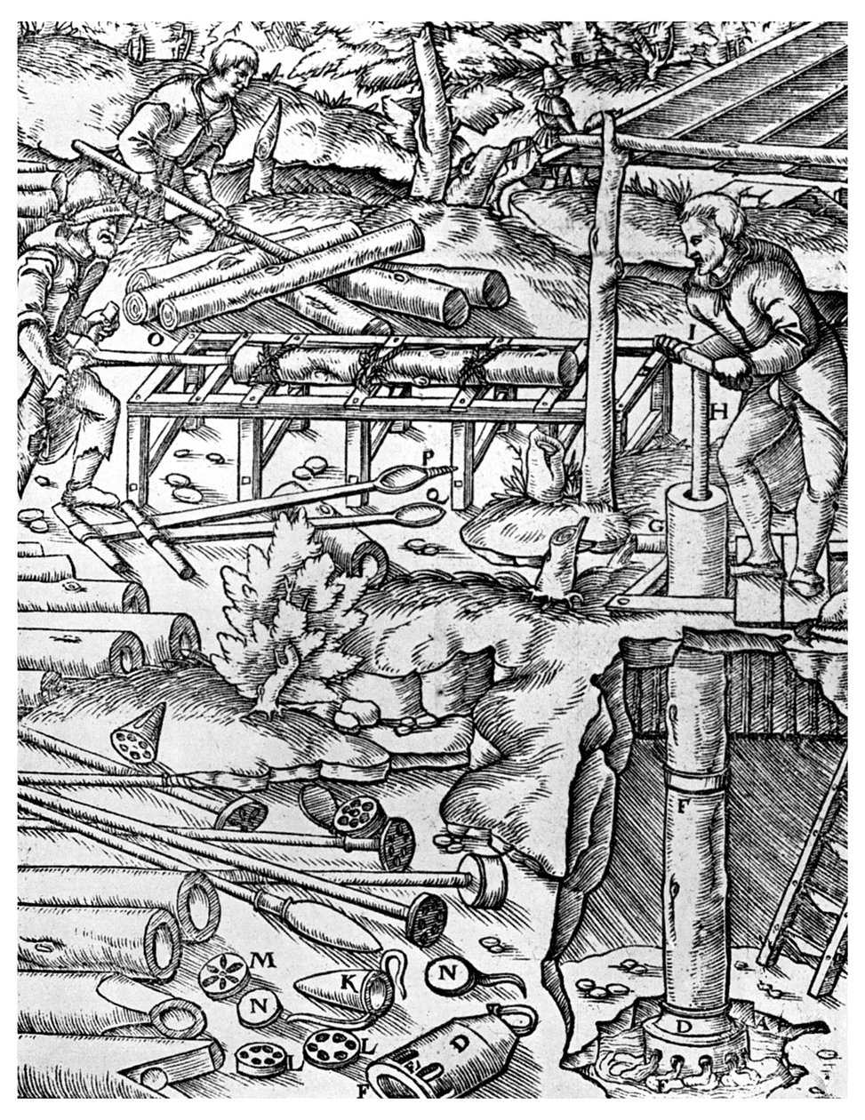 Fremstilling og brug af elmetræspumper til at dræne miner før dampmaskinens dage, 1556 1956 af Unbekannt