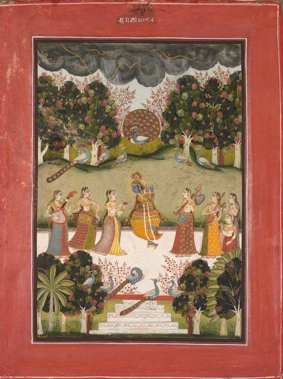Malar Ragini: Krishna spiller på fløjte til syv gopis med musikinstrumenter..., ca. 1760. af Unbekannt