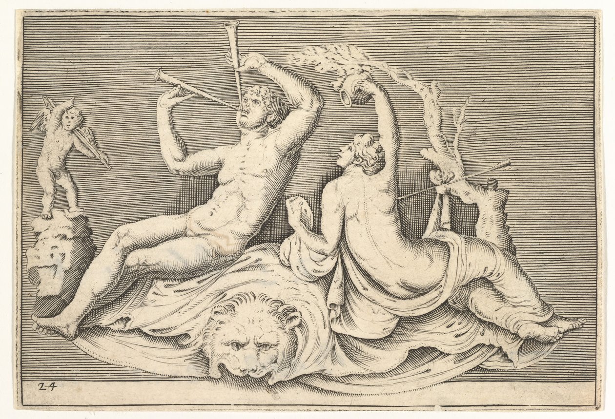 Mand spiller to fløjter og kvinde på løveskind, udgivet ca. 1599-1622. af Unbekannt