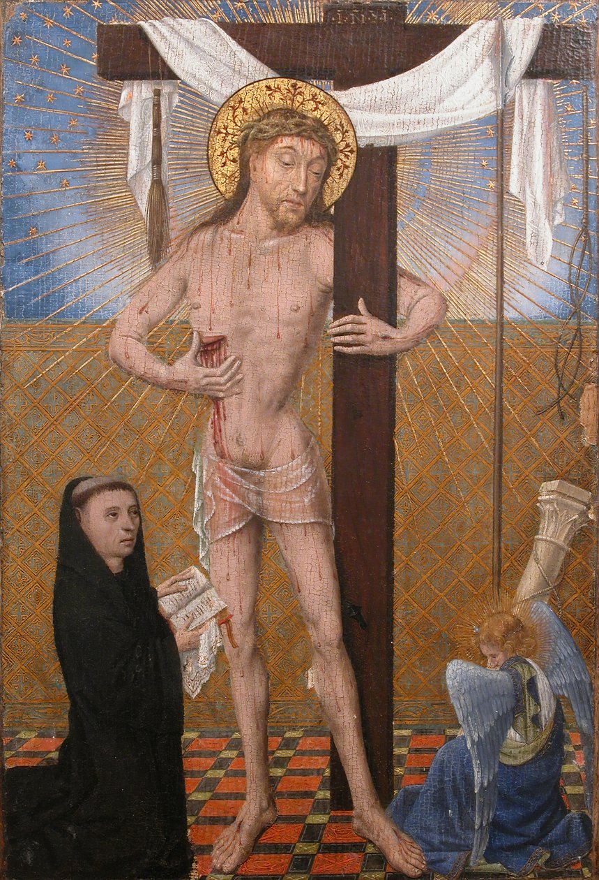 Man of Sorrows med knælende donor, fjerde kvartal 1400-tallet med moderne tilføjelser. af Unbekannt
