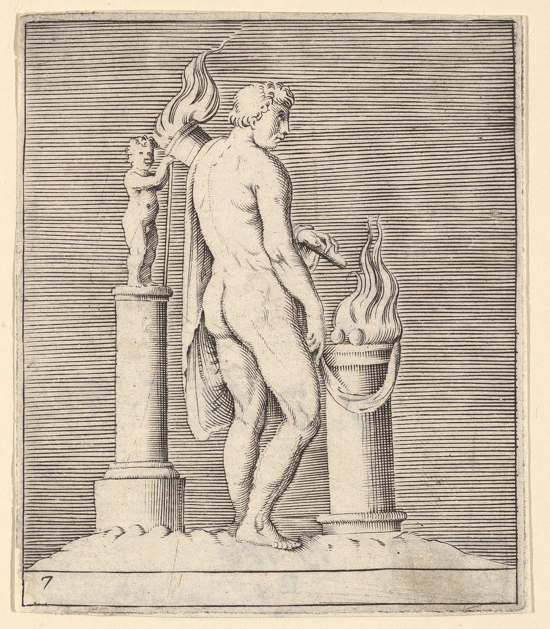 Mand med fakkel mellem flammende alter og statuette, udgivet ca. 1599-1622. af Unbekannt