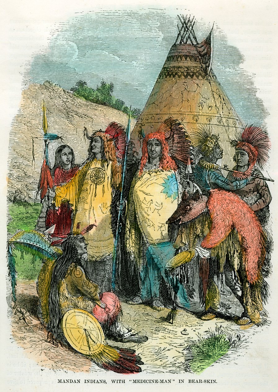 Mandan-indianere, med medicinmand i bjørneskind, c1875 af Unbekannt