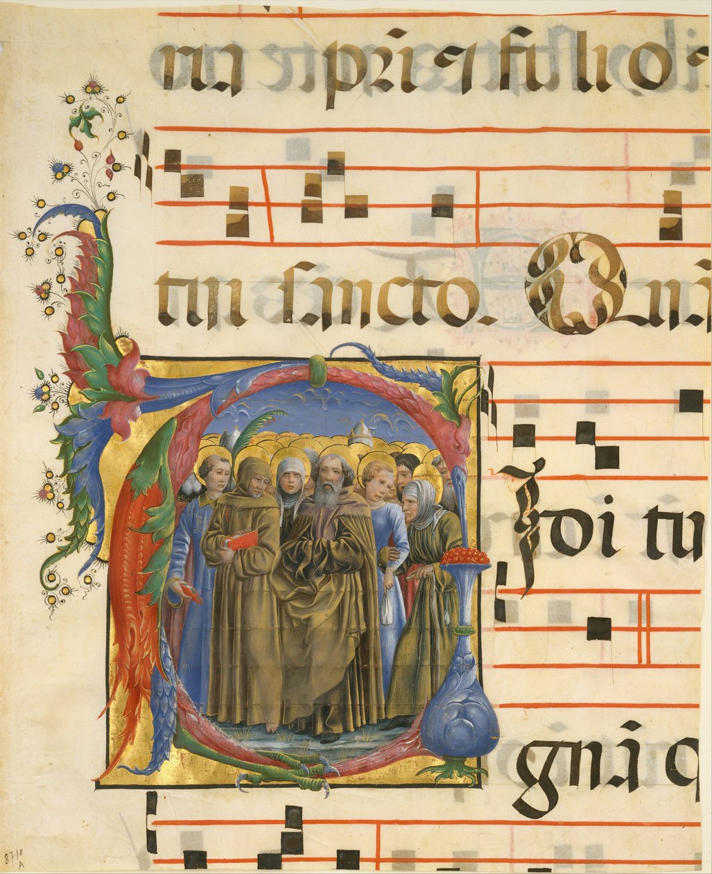 Manuskriptbelysning med alle hellige i et indledende V, fra et antifonarium, italiensk, 1450-60. af Unbekannt