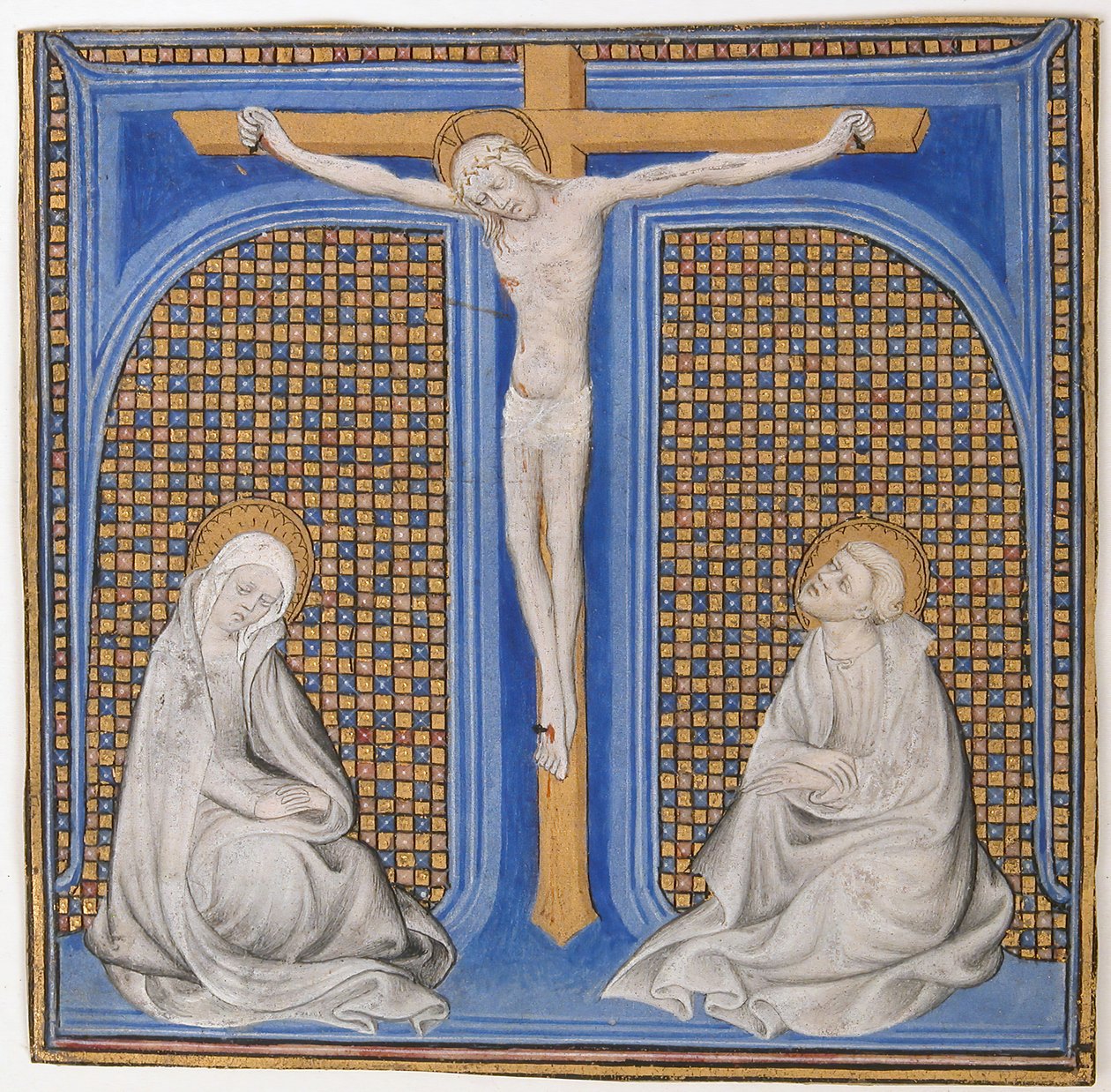 Manuskriptbelysning med korsfæstelse i et indledende T, fra et Missal, fransk, ca. 1400. af Unbekannt