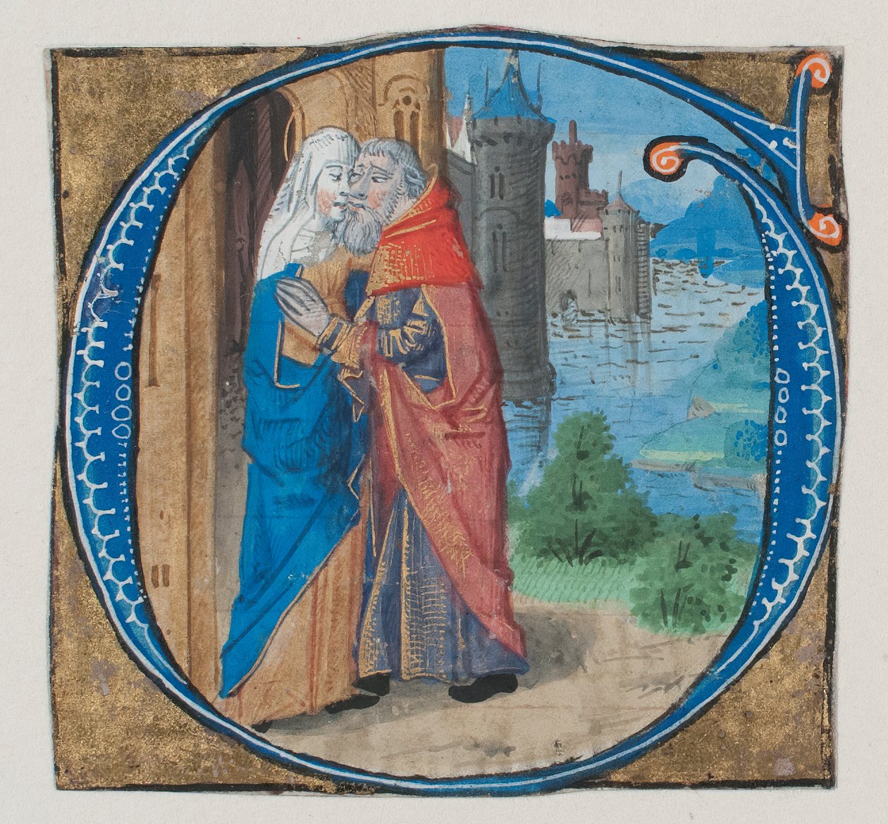 Manuskriptbelysning med Joachim og Anna i et indledende G med Joachim og Anna..., 1400-tallet af Unbekannt
