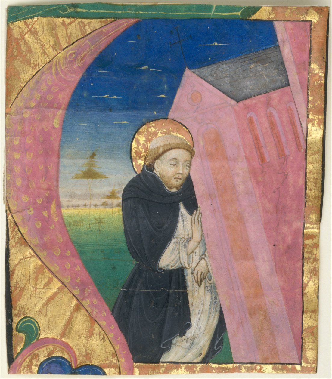 Manuskriptbelysning med Saint Dominic, der redder Saint John-kirken...midten af det 15. århundrede. af Unbekannt