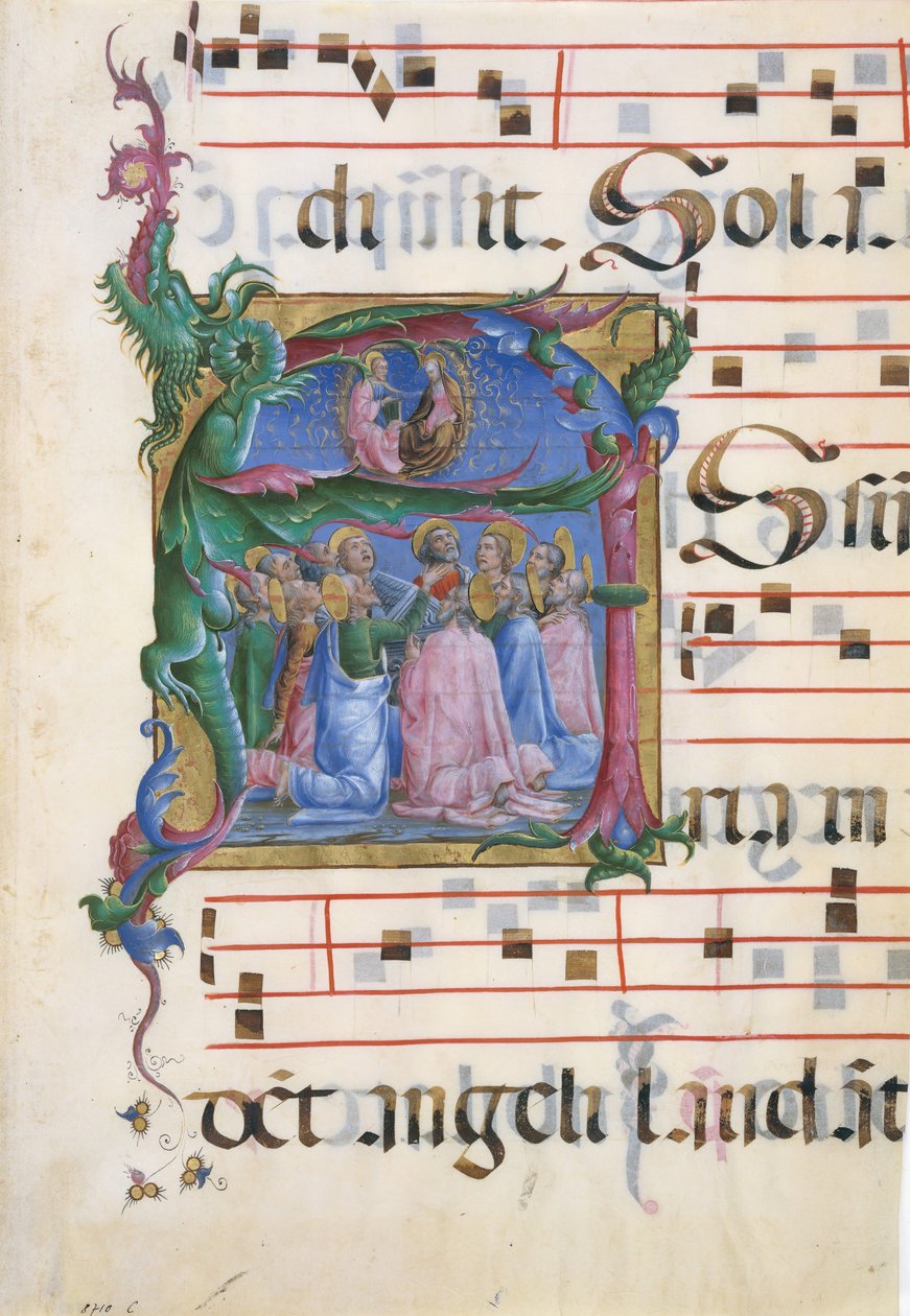 Manuskriptbelysning med Jomfruens antagelse i en indledende A..., italiensk, 1450-60. af Unbekannt