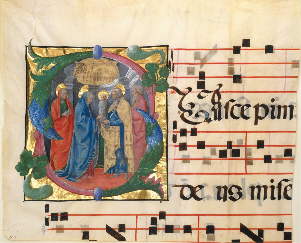 Manuskriptbelysning med præsentationen i templet i et indledende S, fra en Gradual, 1450-60. af Unbekannt