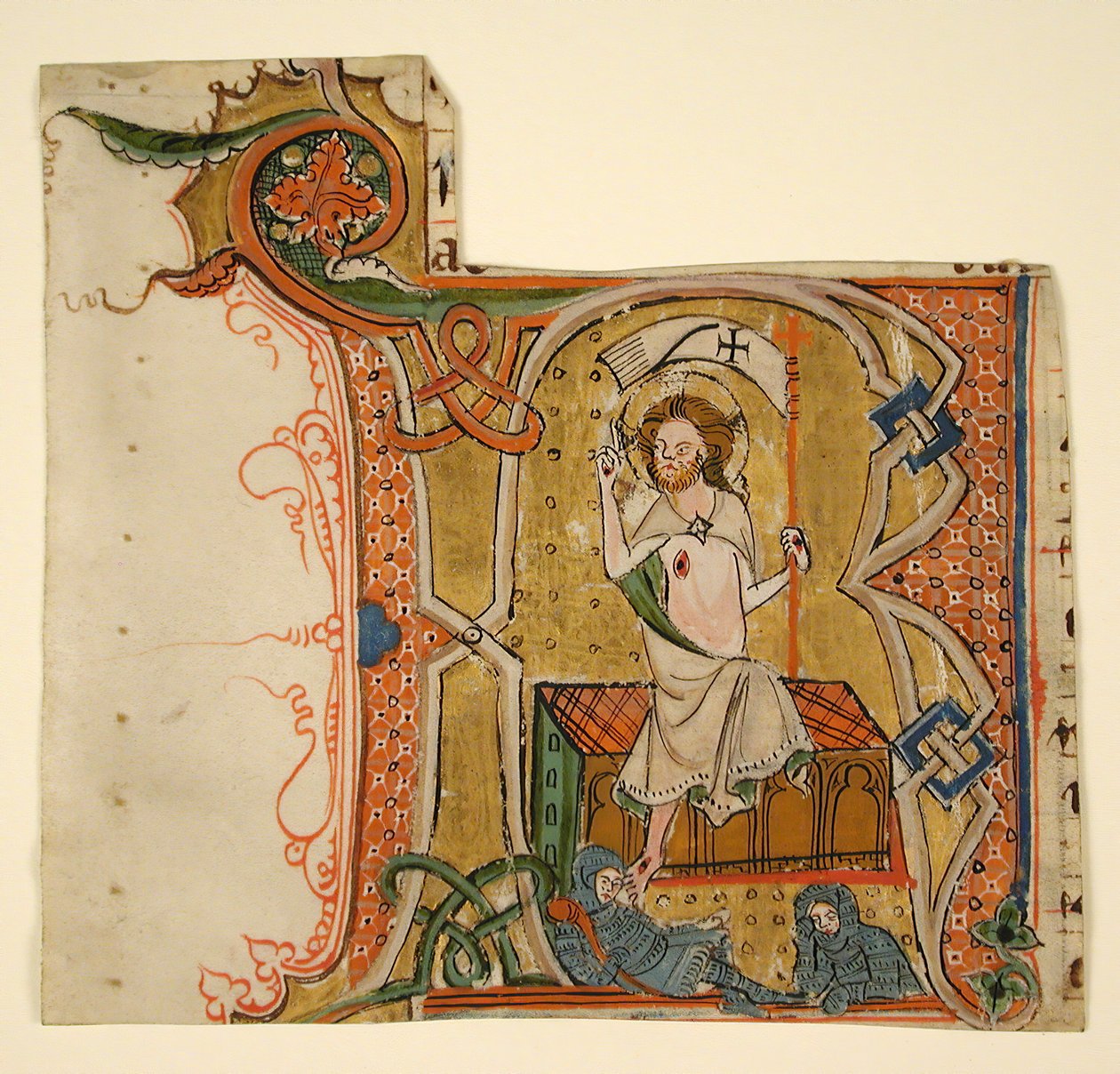 Manuskriptblad, der viser et oplyst initial R med Opstandelsen, slutningen af det 13. århundrede. af Unbekannt