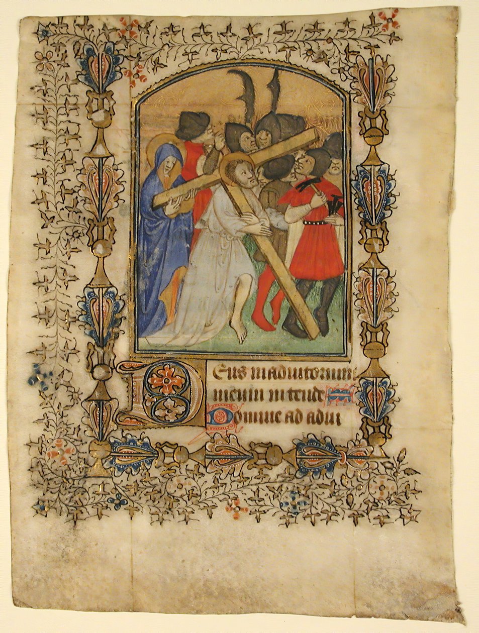 Manuskriptblad fra en timebog... Belyst initial D og Kristus der bærer korset, 1390-140 af Unbekannt