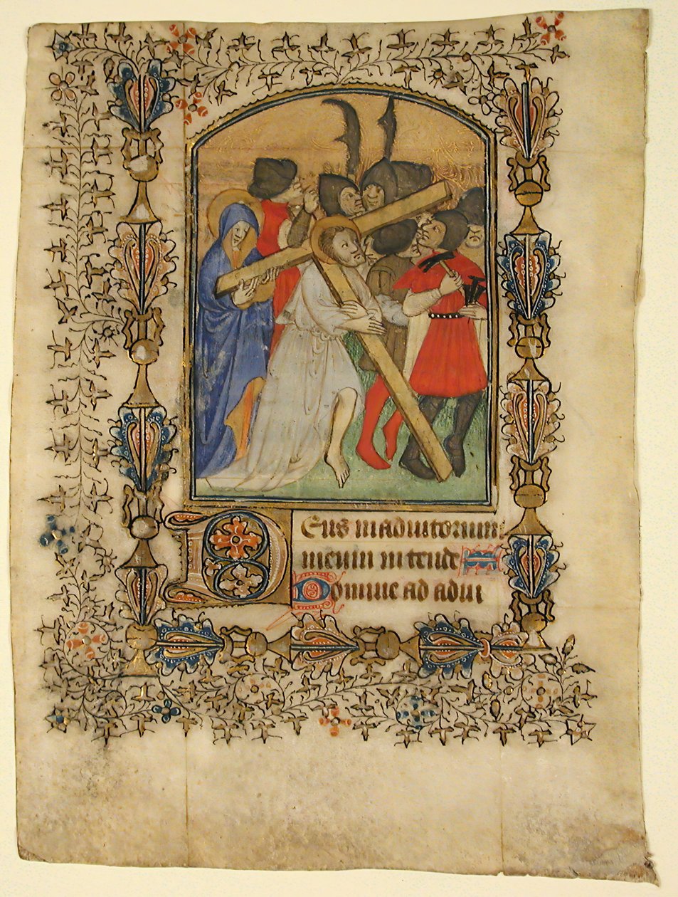 Manuskriptblad fra en timebog, der viser en oplyst initial D og Kristus..., 1390-1400. af Unbekannt