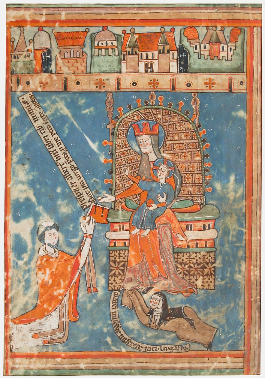 Manuskriptblad med dedikation af en bog til jomfruen, ca. 1400. af Unbekannt