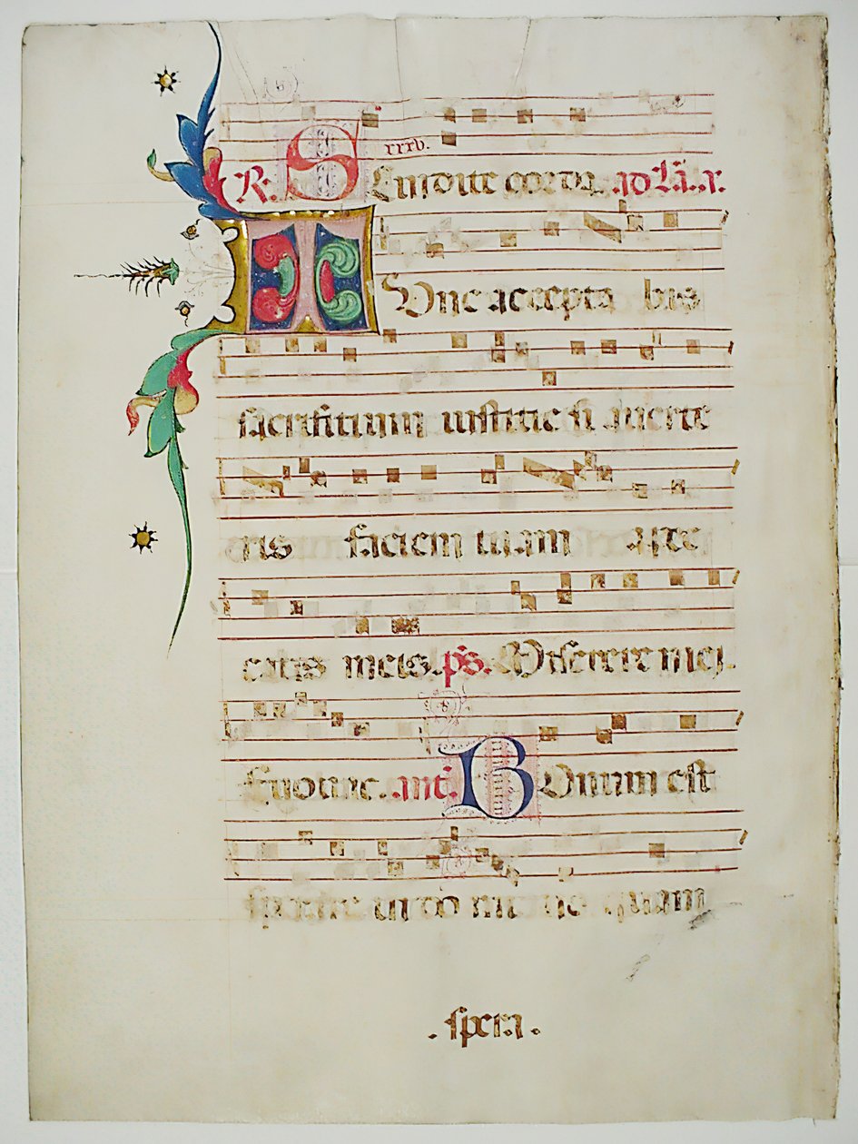 Manuskriptblad med begyndelses-T, fra et antifonarium, italiensk, 1400-tallet. af Unbekannt