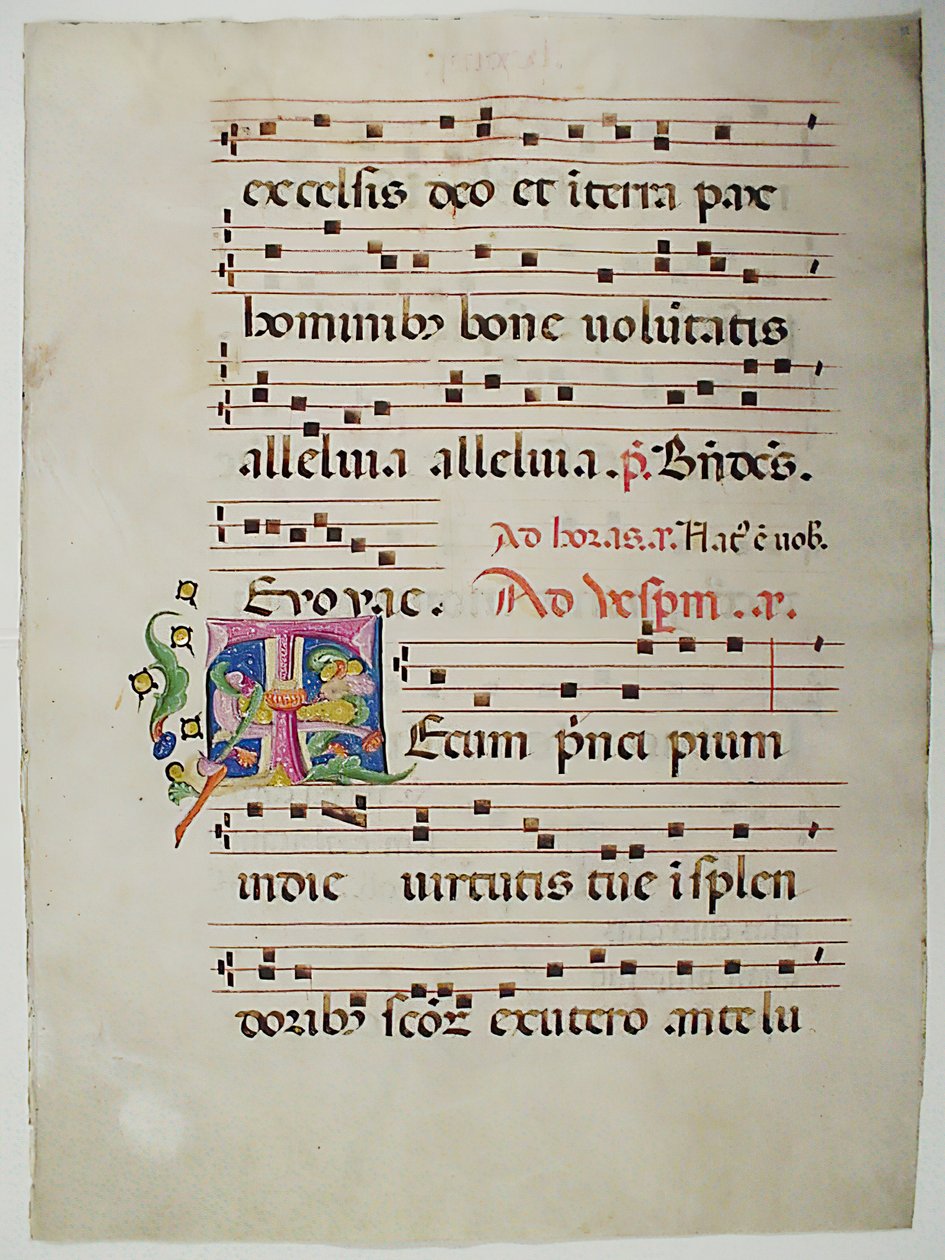 Manuskriptblad med begyndelses-T, fra et antifonarium, italiensk, 1400-tallet. af Unbekannt