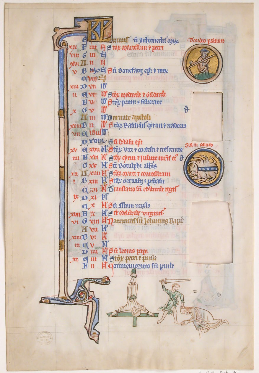 Manuskriptblad med junikalender, fra en kongelig psalter, 1200-tallet. af Unbekannt