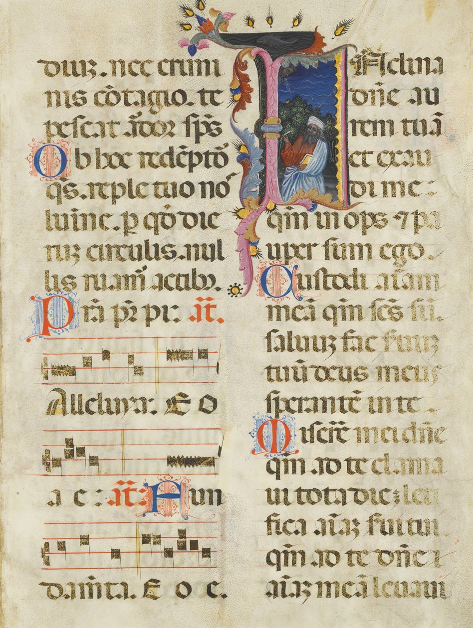 Manuskriptblad med kong David i en initial I, fra en psalter, begyndelsen af det 15. århundrede. af Unbekannt