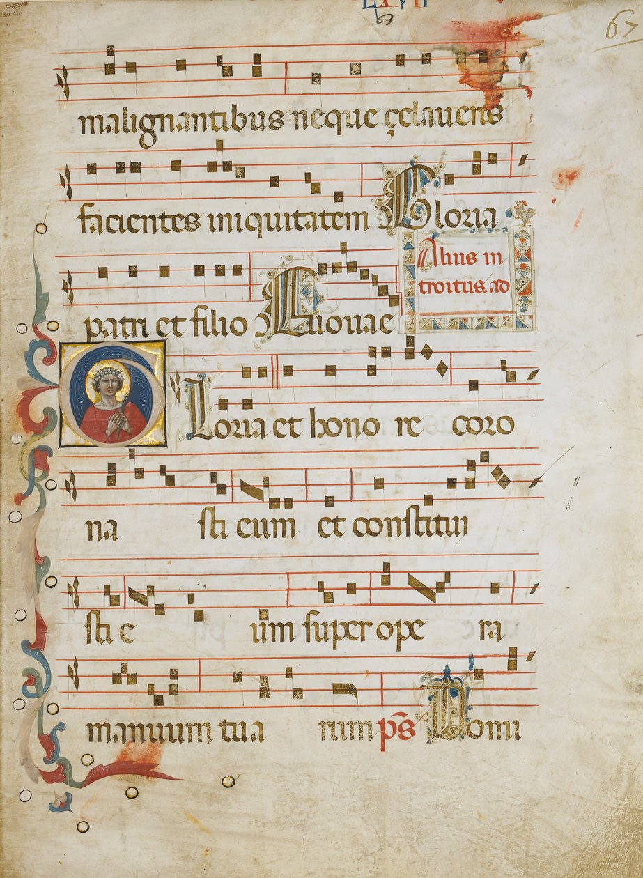 Manuskriptblad med en kvindelig helgen muligvis Dorothy i et indledende G, fra en Gradual, ca. 1330-40. af Unbekannt