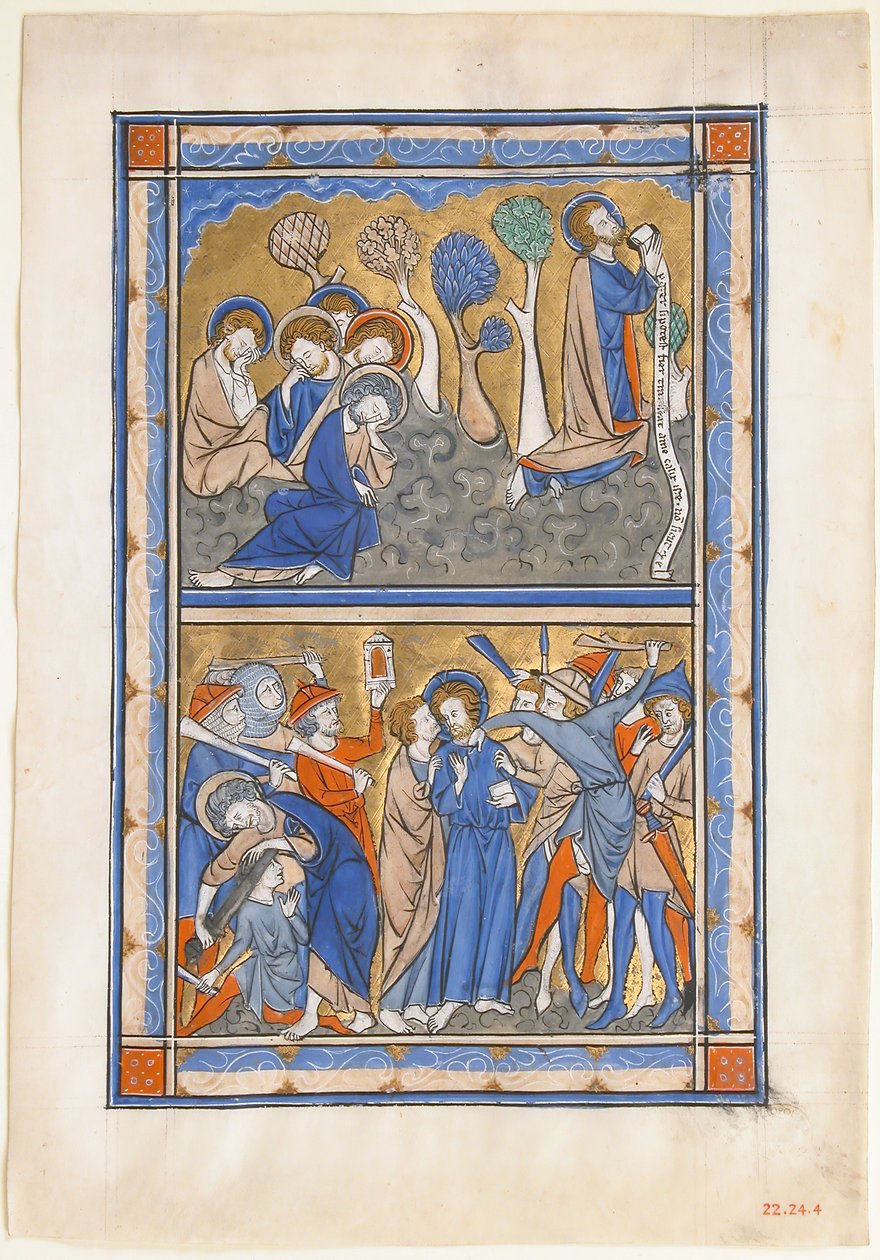 Manuskriptblad med smerten i haven og Kristi forræderi, fra en kongelig psalter, ca. 1270. af Unbekannt