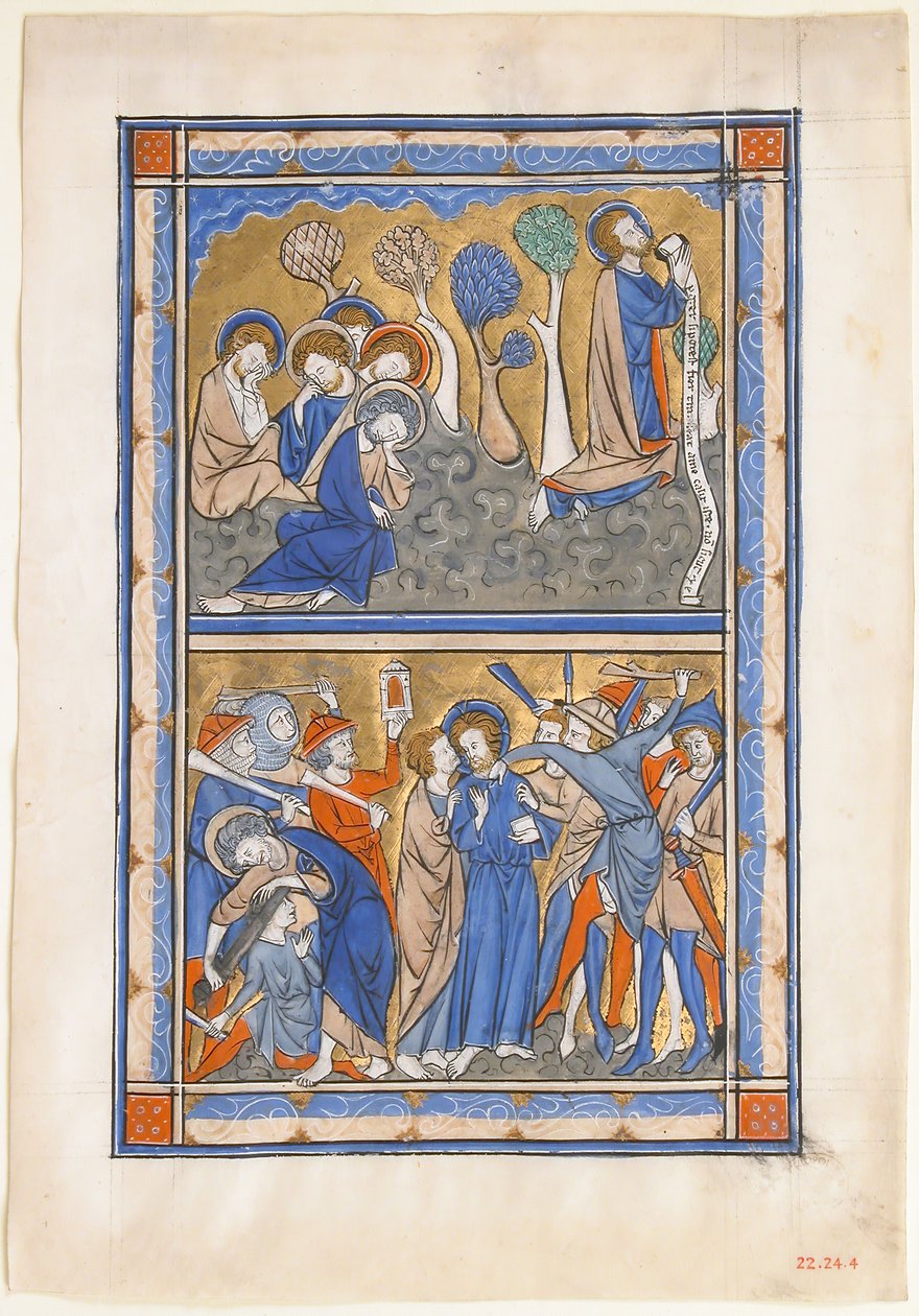 Manuskriptblad med smerten i haven og Kristi forræderi, fra en kongelig psalter, ca. 1270. af Unbekannt
