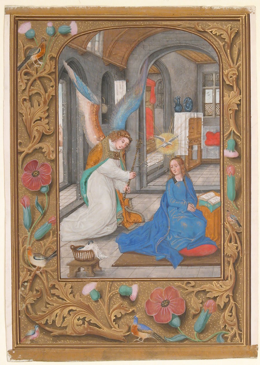 Manuskriptblad med bebudelsen, fra en timebog, ca. 1500-1525. af Unbekannt