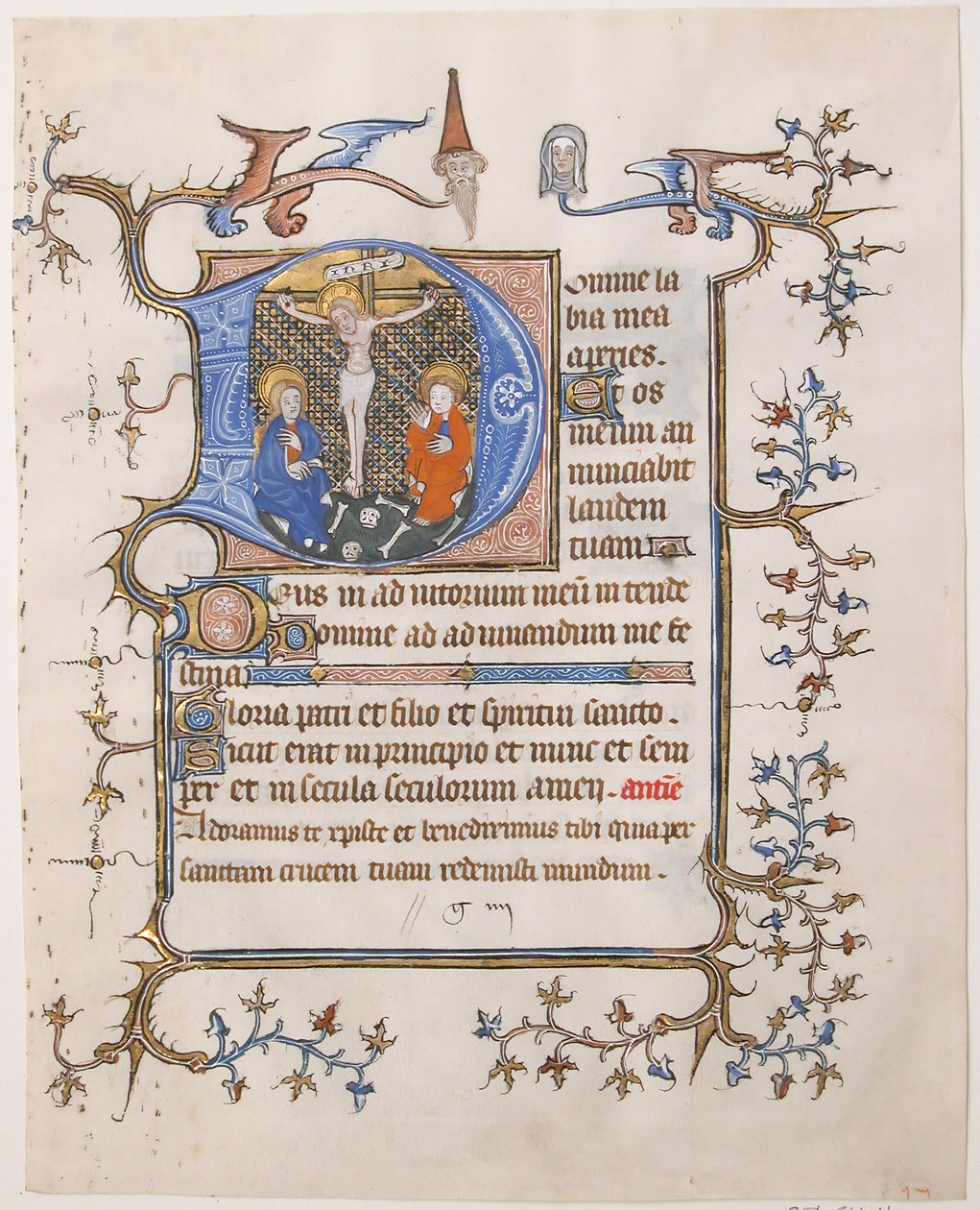 Manuskriptblad med korsfæstelsen i indledende D, fra en Timebog, ca. 1350. af Unbekannt