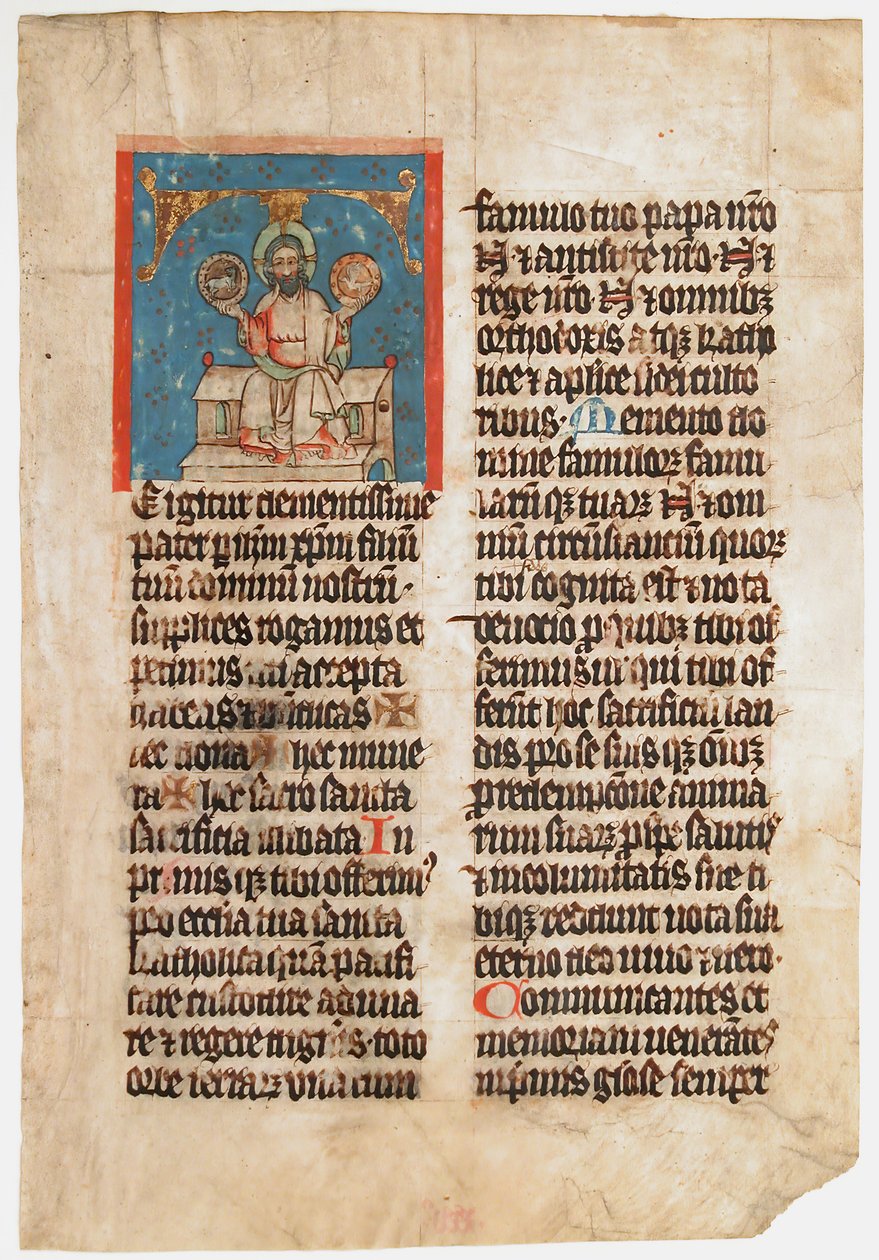 Manuskriptblad med den hellige treenighed i et indledende T, fra et missal, ca. 1390. af Unbekannt