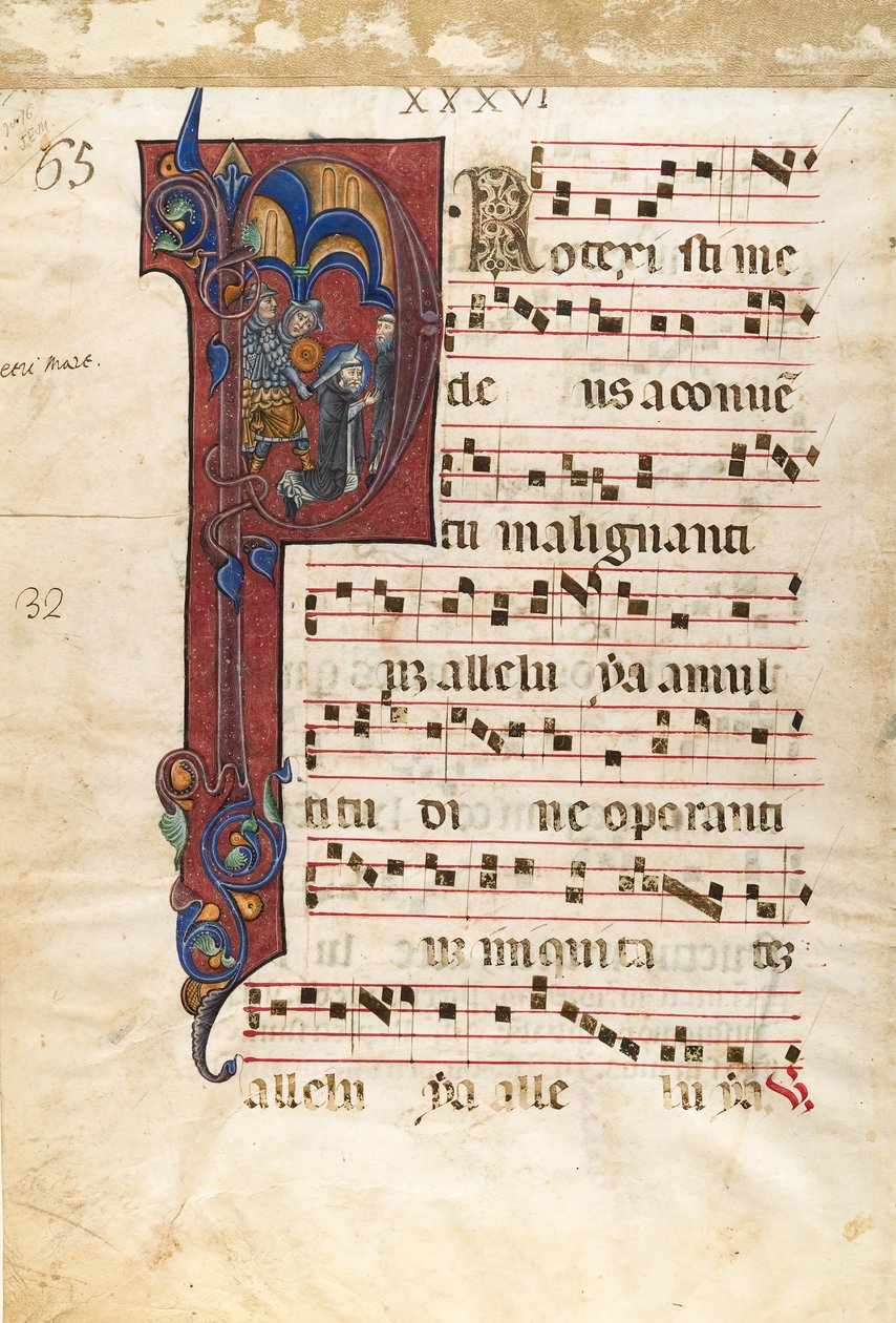Manuskriptblad med Sankt Peters Martyrs martyrium i et indledende P..., ca. 1270-80. af Unbekannt