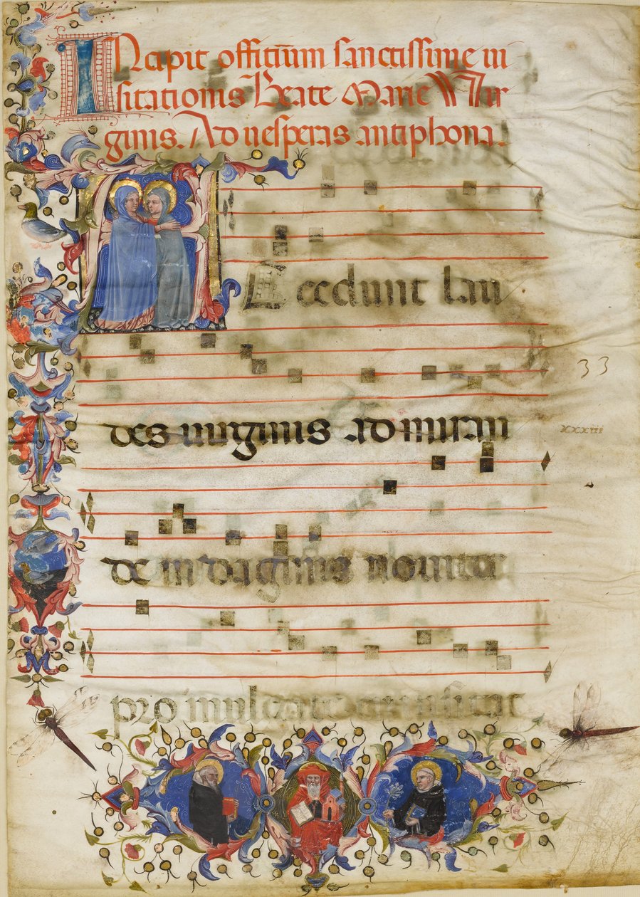 Manuskriptblad med visitationen i en initial A og kardinal Adam Easton..., ca. 1400. af Unbekannt