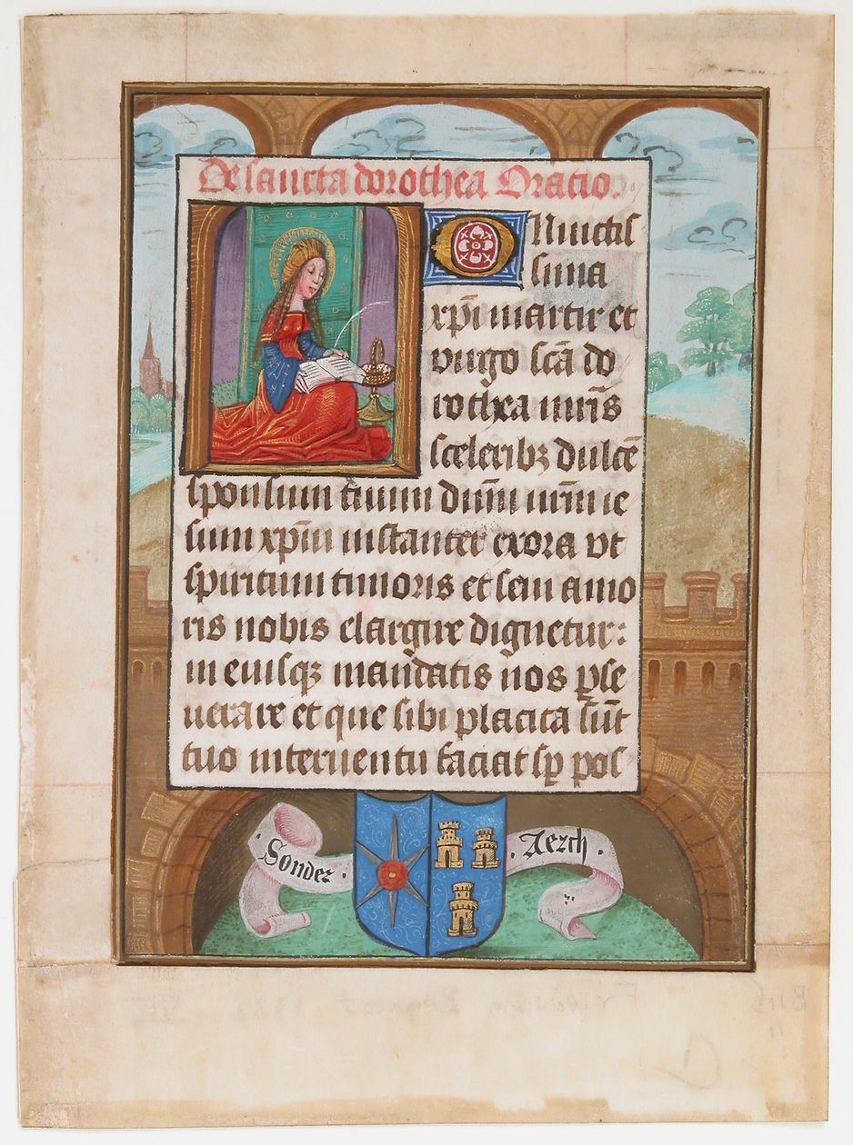 Manuskriptblad med Saint Dorothy, fra en timebog, ca. 1500. af Unbekannt