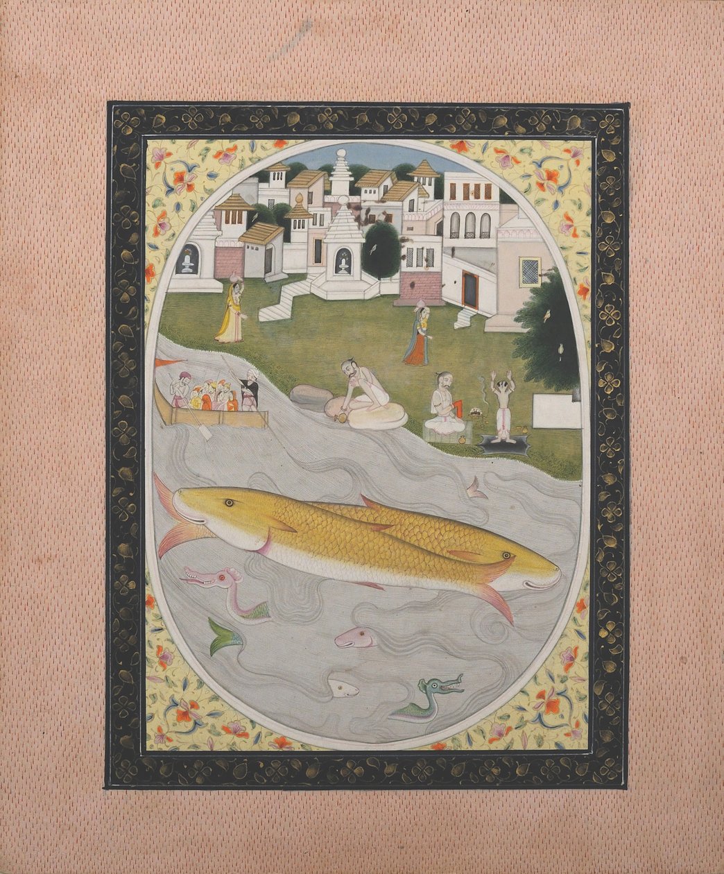 Manuskriptmaleri med hinduistisk tantrisk scene, der forestiller to fisk, 1800-1820. af Unbekannt