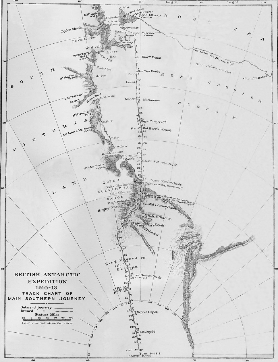 Kort - Britisk Antarktis Ekspedition 1910-13. Sporoversigt over Main Southern Journey, 1913 af Unbekannt