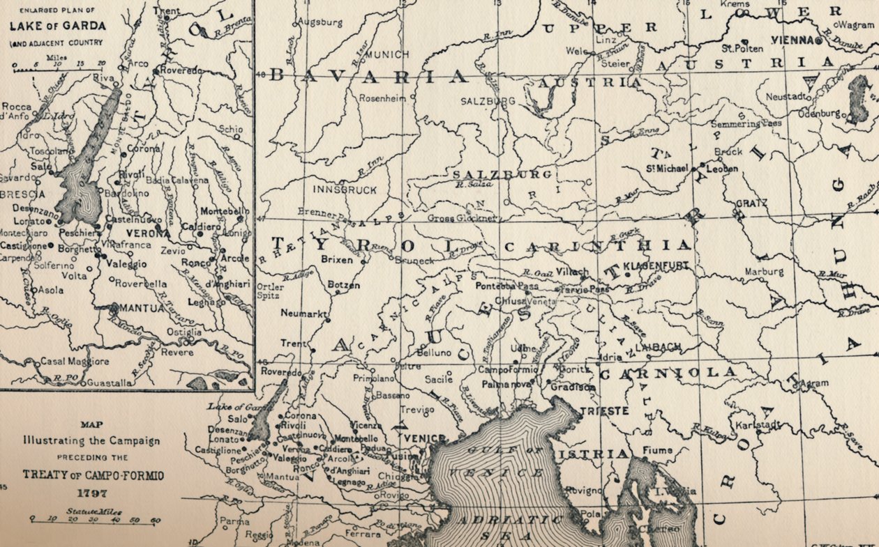 Kort, der illustrerer kampagnen forud for traktaten om Campo-Formio, 1797, 1896 af Unbekannt