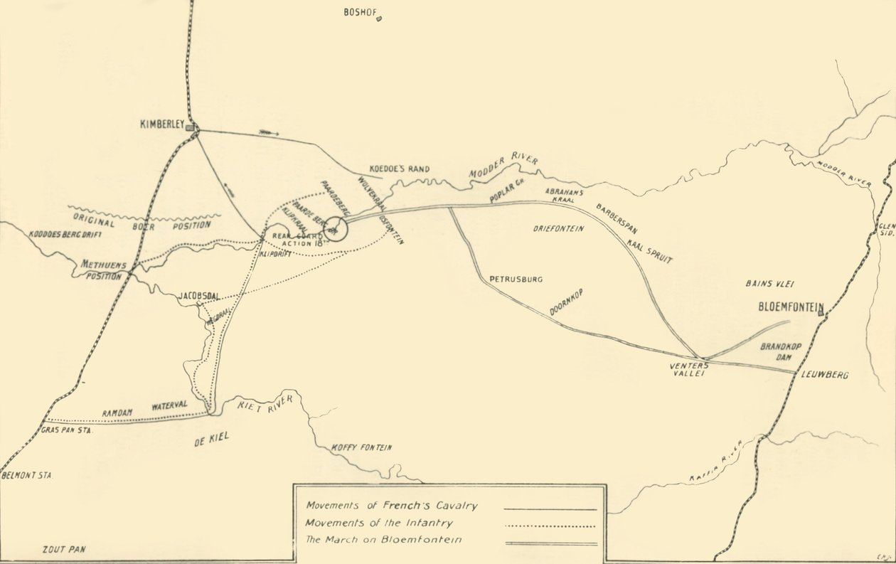 Kort, der illustrerer bevægelserne til relief af Kimberley og erobringen af Bloemfontein, 1901. af Unbekannt