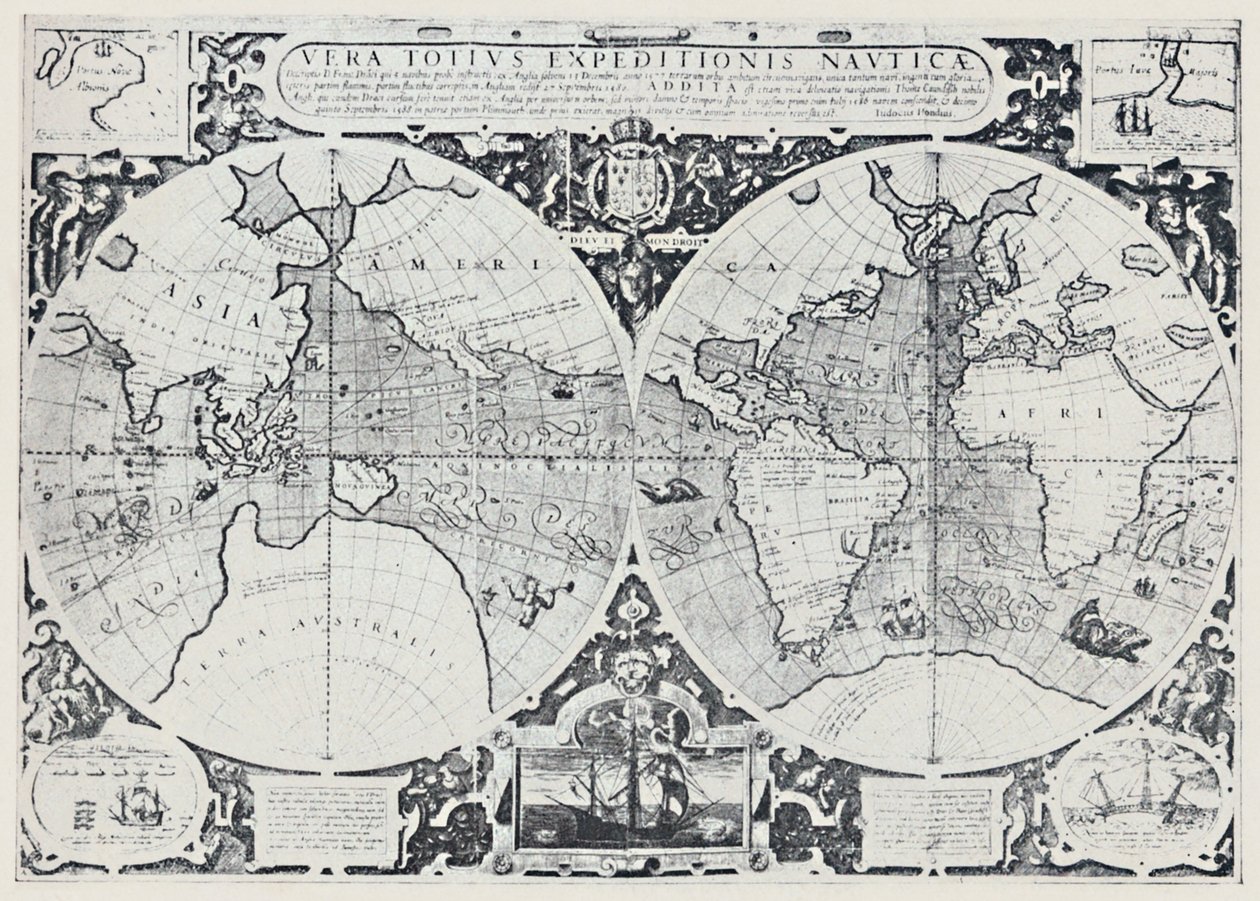 Kort, der viser Drakes Voyage of Circumnavigation 1577-1580, 1923. af Unbekannt