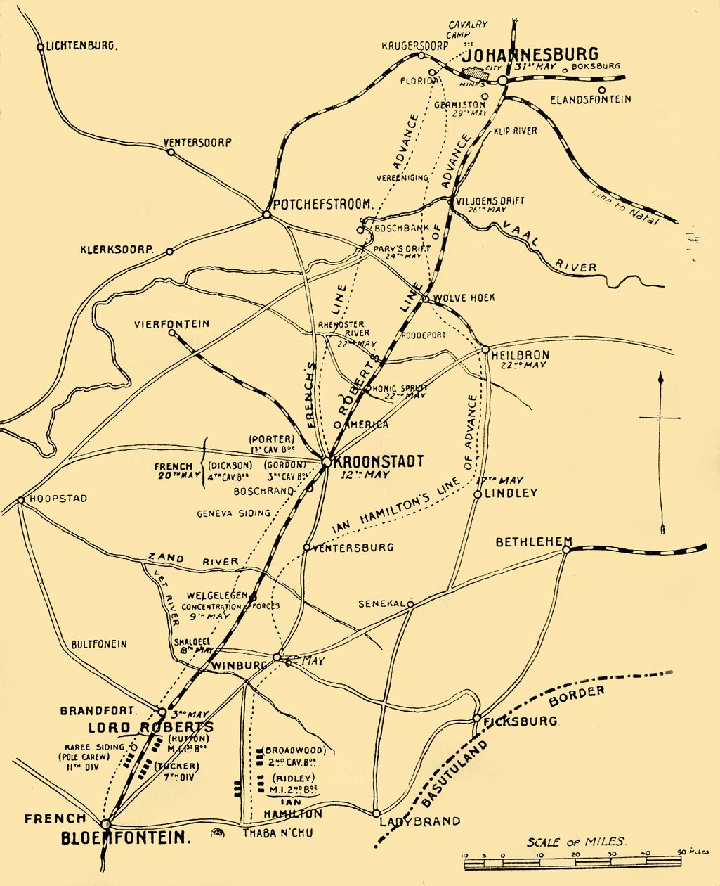 Kort, der viser fremskridtslinjerne fra Bloemfontein til Pretoria, 1901. af Unbekannt
