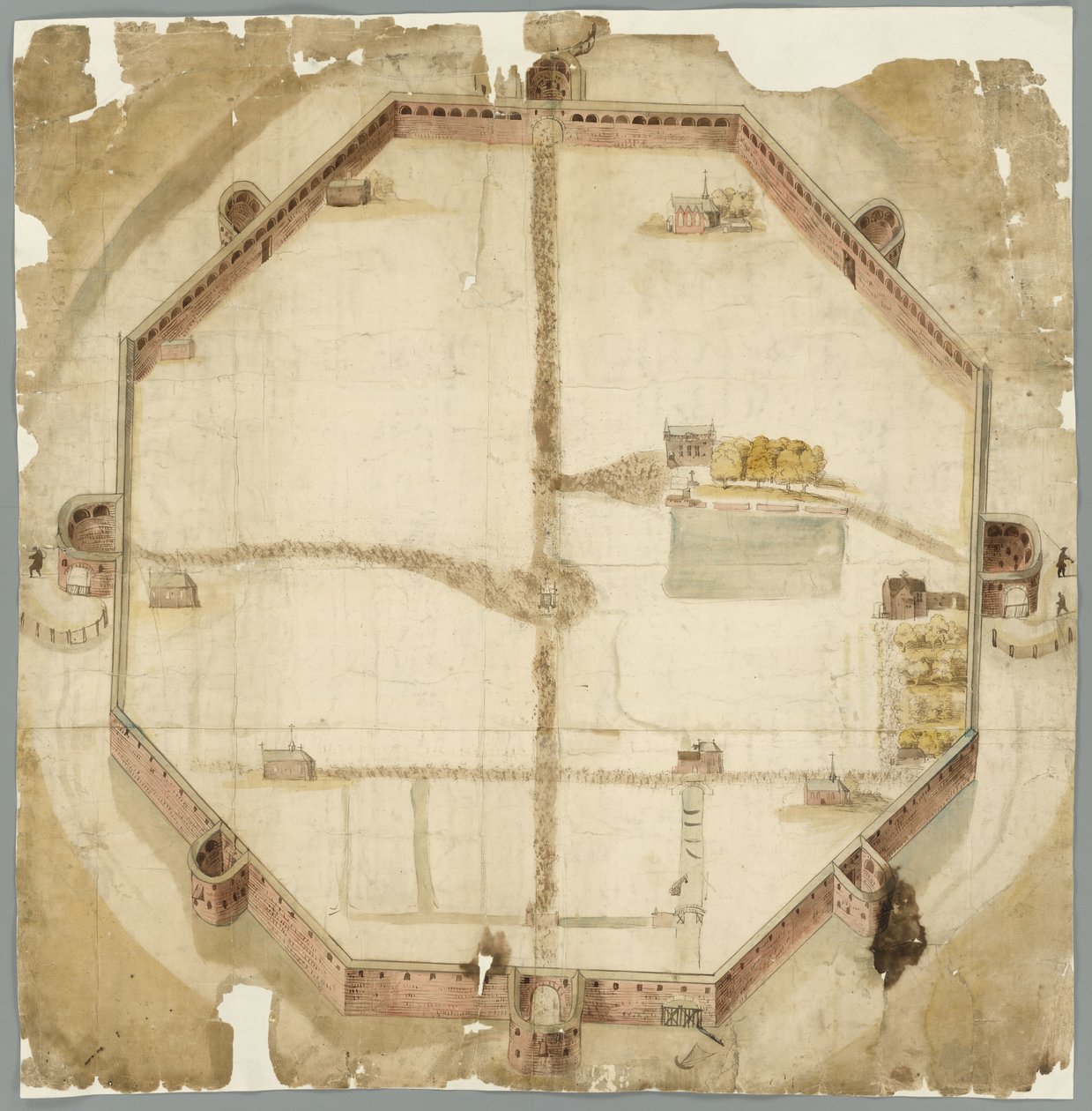 Kort fra 1530, der viser de planlagte, men aldrig udførte mure i Haag, Holland af Unbekannt